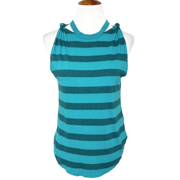 Free People Twist Knot Cutout Teal Blue Striped Sleeveless Crew Neck Tank Top - Picture 2 of 9
